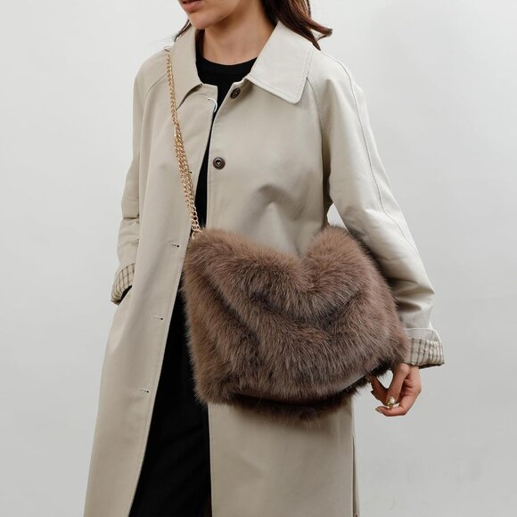 Women Winter Fuzzy Faux Fur Tote Bag Crossbody Coffee - Picture 3 of 8